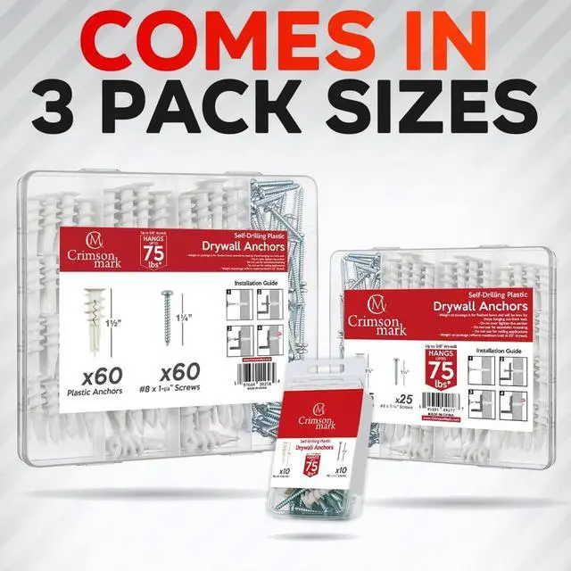 Alt view image 7 of 7 - 120Pcs #8 Self Drilling Drywall Anchors and Screws Assortment Kit | #8 x 1-1/4" Superb Wall Anchors Hold Up to 75lbs, No Drill Hole Required for Drywall Screws & Anchors Installation
