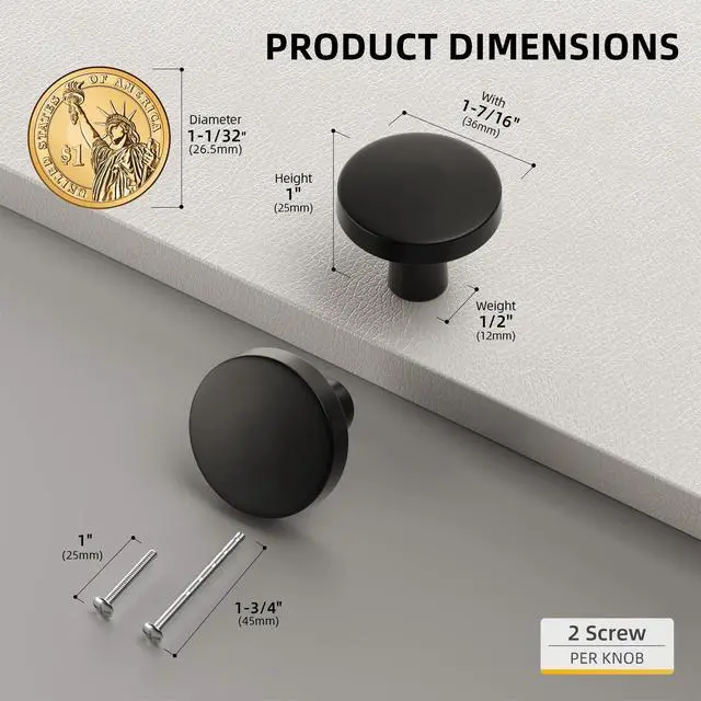 Alt view image 2 of 7 - 5 Pack Matte Black Cabinet Knobs for Kitchen Dresser Drawers | Dresser Knobs, Zinc Alloy, Closet Knobs, Bathroom Cabinet Knobs, Easy Installation, Screws Included