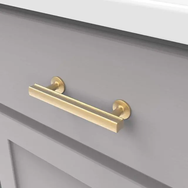 Alt view image 4 of 7 - 1 Pack Solid Core Kitchen Cabinet Pulls, Luxury Cabinet Handles, Hardware for Doors & Dresser Drawers, 3-3/4 Inch (96mm) Hole Center, Brushed Golden Brass, Woodward Collection