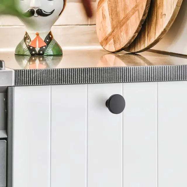 Alt view image 4 of 7 - 10 Pack Black Cabinet Knobs, 1-1/5 Inch Round Drawer Knobs | Cabinet Hardware, Cabinets, Drawers, Dressers, Closets, Solid Metal, Easy Install, Screws Included, Single Hole