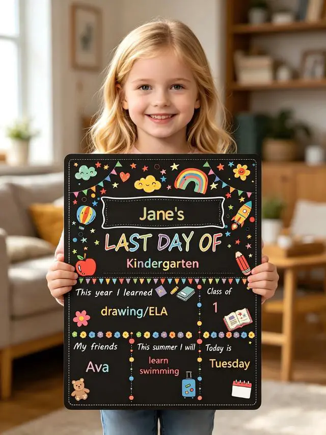 Alt view image 6 of 7 - First & Last Day of School Chalkboard Sign - Double-Sided Reusable Back to School Photo Prop, 11"x14" Kids Milestone Keepsake for Preschool, Kindergarten, Elementary