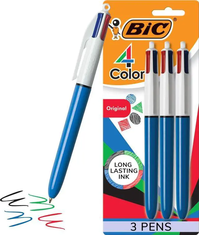 Main image of 4-Color Original Retractable Ballpoint Pen, 1.0 mm Medium, 3-Count Pack | Assorted Ink Colors, Comfortable Wide Barrel, Long-Lasting Ink, Medium Point, Ideal for School, Office, Or Home