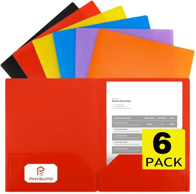 Main image of 6 Pack Plastic Folders with Pockets,6 Rainbow Colors,2 Pocket,Durable Heavy Duty File Folders with Business Card Holder,Letter Size Paper for Office High School
