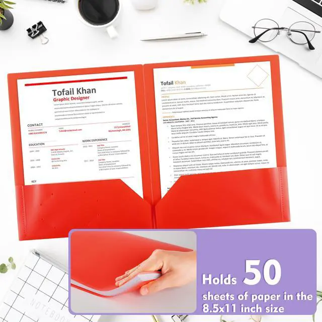 Alt view image 4 of 6 - 6 Pack Plastic Folders with Pockets,6 Rainbow Colors,2 Pocket,Durable Heavy Duty File Folders with Business Card Holder,Letter Size Paper for Office High School