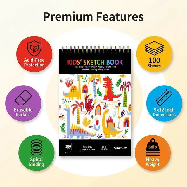 Alt view image 2 of 7 - Sketch Book for Kids, 9" x 12" Kids Sketchbook, Boys & Girls Gift | 100 Sheets Tear-out Acid-Free Drawing Paper |Spiral bound Smooth Paper for Pencils Markers Crayons, Art Supplies for Kids 3+