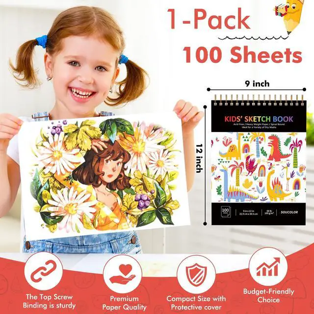 Alt view image 6 of 7 - Sketch Book for Kids, 9" x 12" Kids Sketchbook, Boys & Girls Gift | 100 Sheets Tear-out Acid-Free Drawing Paper |Spiral bound Smooth Paper for Pencils Markers Crayons, Art Supplies for Kids 3+