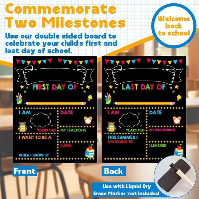 Alt view image 2 of 7 - First & Last Day of School Board, Double Sided Reusable Photo Sharing Prop | 14 x 11 IN First Day of School Chalkboard, Reusable School Signs, Blank Writing Board for Learning Memories