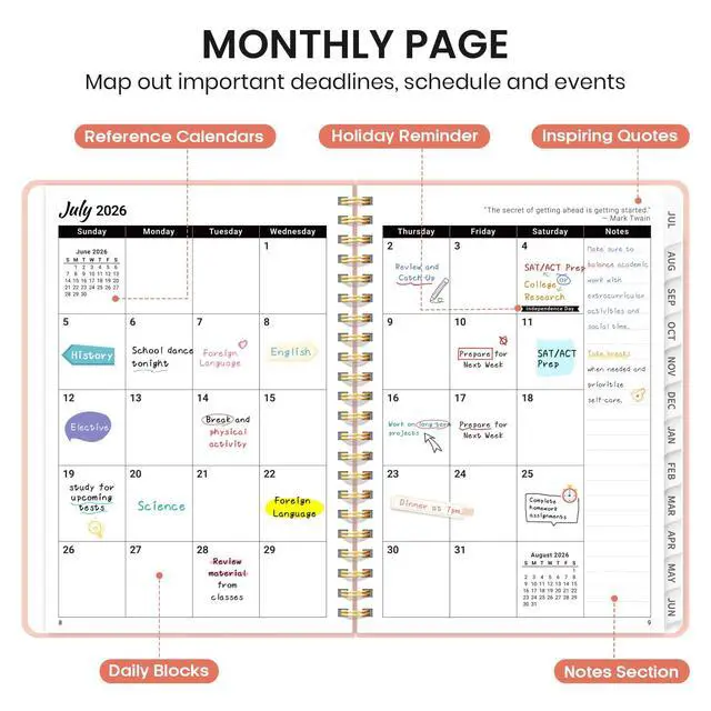 Alt view image 2 of 7 - Planner 2026-2027, Jul 2026-Jun 2027 Monthly & Weekly Calendar Book | 6.3" x 8.5", Hardcover Academic Calendar with Tabs, Teacher Student Agenda Book for School Office Supplies - Pink