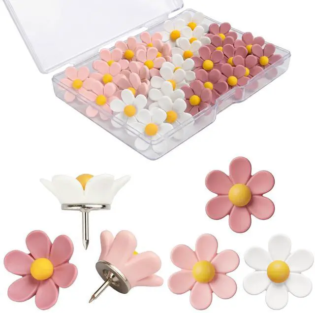 Main image of 30 Pcs Flowers Push Pins Decorative Thumb Tacks in 3 Colors Cute Office Decor for Women Cork Board Bulletin Board, Photos Wall Maps and Other Offices Schools Supplies Christmas Decoration