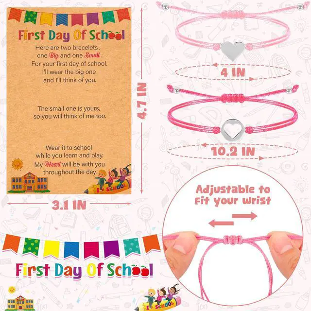 Alt view image 2 of 7 - Kindergarten Bracelet Mommy and Me, 2 PCS Back to School Stuff Heart, Mother Daughter Bracelets Adjustable, Non-Fading Ropes First Day of School Bracelet for Mom Boys Girls Preschool Supplies