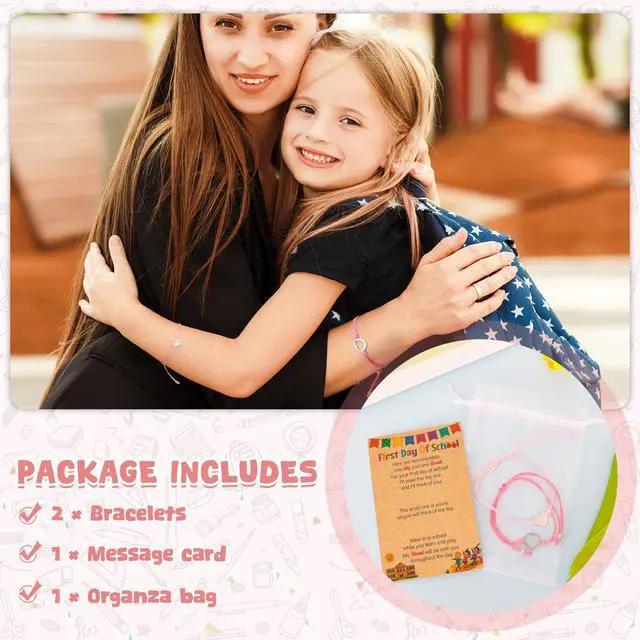 Alt view image 3 of 7 - Kindergarten Bracelet Mommy and Me, 2 PCS Back to School Stuff Heart, Mother Daughter Bracelets Adjustable, Non-Fading Ropes First Day of School Bracelet for Mom Boys Girls Preschool Supplies