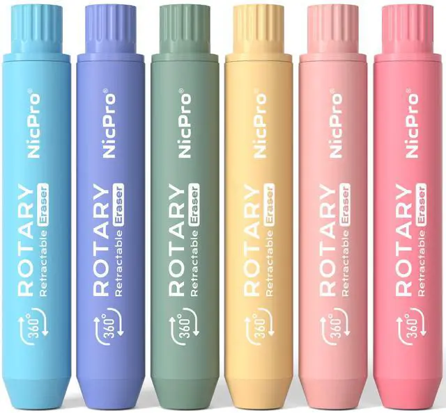 Main image of 6 Pack Rotary Retractable Erasers, Soft TPE Twist Eraser-Rainbow | Cute Eraser, Clean Erasing Large Pencil Eraser for Students Kids, School Supplies, Office, Stationary, Drawing & Journaling