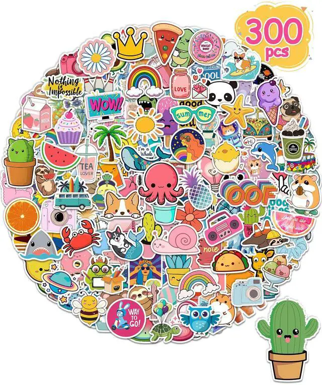 Main image of 300 Pcs Stickers for Kids, Cute Vinyl Waterproof Stickers for Water Bottle | Treasure Box Toys for Classroom Prizes, Teacher Back to School Supplies Gifts, Sticker Pack for Girls Teens, Party Favors