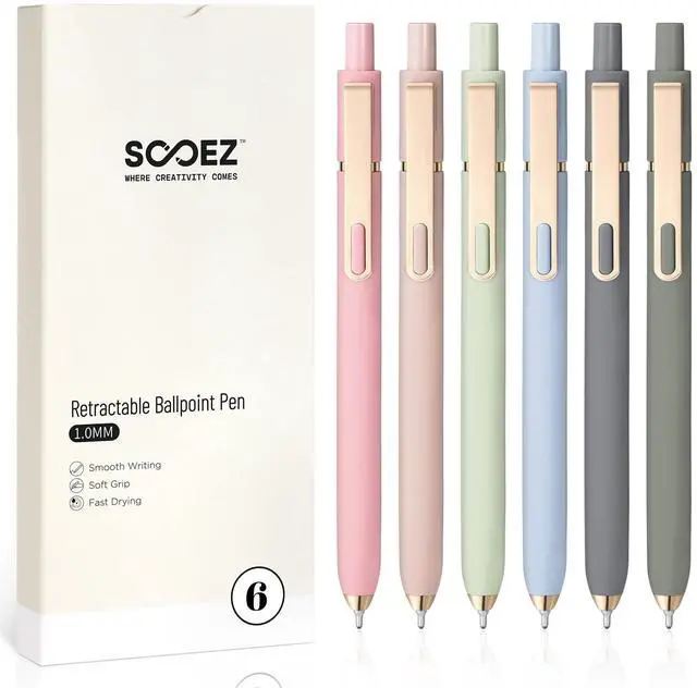 Main image of 6 Pack Ballpoint Pens, Retractable 1.0 mm Medium Point Black Ink Pens | Smooth Writing Pen Bulk for Journaling, Soft Grip Cute Pen for Women, Nurse, Office School Supplies, Small Teacher Gifts