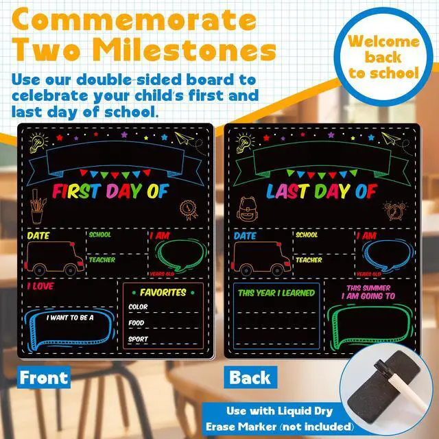 Alt view image 2 of 7 - First and Last Day of School Board, Paper Back to Class Chalkboard for Kids | 10 X 12 IN Double Sided First Day of School Board, Blank Writing School Sign, Kindergarten Pre-School Memories and