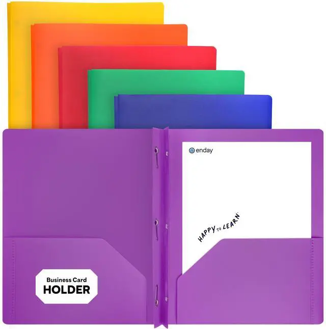 Main image of Plastic Folders with Pockets and Prongs, Two Pocket Folder with Brads, 3 Prong Folders with Pockets for Letter Size Sheets, Asstd Colors in Purple, Blue, Green, Yellow, Orange & Black, 6 Pc by Enday