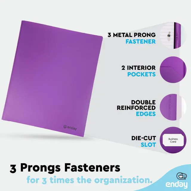 Alt view image 3 of 7 - Plastic Folders with Pockets and Prongs, Two Pocket Folder with Brads, 3 Prong Folders with Pockets for Letter Size Sheets, Asstd Colors in Purple, Blue, Green, Yellow, Orange & Black, 6 Pc by Enday