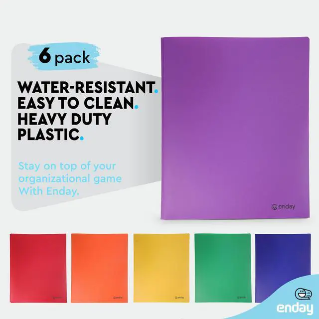 Alt view image 4 of 7 - Plastic Folders with Pockets and Prongs, Two Pocket Folder with Brads, 3 Prong Folders with Pockets for Letter Size Sheets, Asstd Colors in Purple, Blue, Green, Yellow, Orange & Black, 6 Pc by Enday