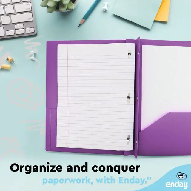 Alt view image 7 of 7 - Plastic Folders with Pockets and Prongs, Two Pocket Folder with Brads, 3 Prong Folders with Pockets for Letter Size Sheets, Asstd Colors in Purple, Blue, Green, Yellow, Orange & Black, 6 Pc by Enday