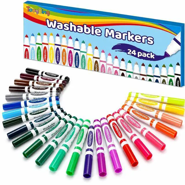 Main image of 24 Count Washable Markers for Kids, Broad Line Markers with Conical Tip, Assorted Colors, Drawing Essentials for School Classroom, Student Teacher Must Have for Coloring Book, Art & Craft Supplies