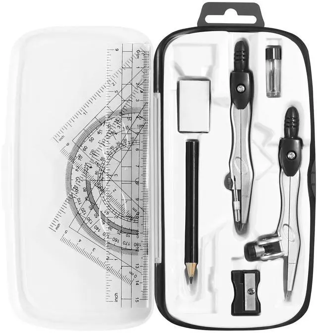 Main image of Math Geometry Kit Sets 10 Piece Student Supplies, Compass Set, Black | Shatterproof Storage Box,Rulers,Protractor,Compass,Eraser,Pencil Sharpener,Lead Refills,for Classroom