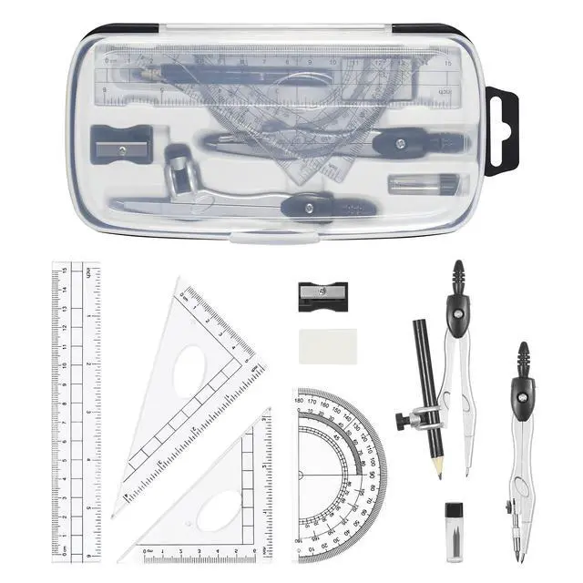 Alt view image 2 of 7 - Math Geometry Kit Sets 10 Piece Student Supplies, Compass Set, Black | Shatterproof Storage Box,Rulers,Protractor,Compass,Eraser,Pencil Sharpener,Lead Refills,for Classroom