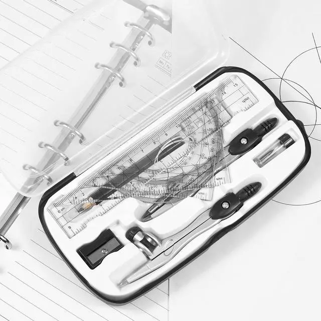 Alt view image 3 of 7 - Math Geometry Kit Sets 10 Piece Student Supplies, Compass Set, Black | Shatterproof Storage Box,Rulers,Protractor,Compass,Eraser,Pencil Sharpener,Lead Refills,for Classroom