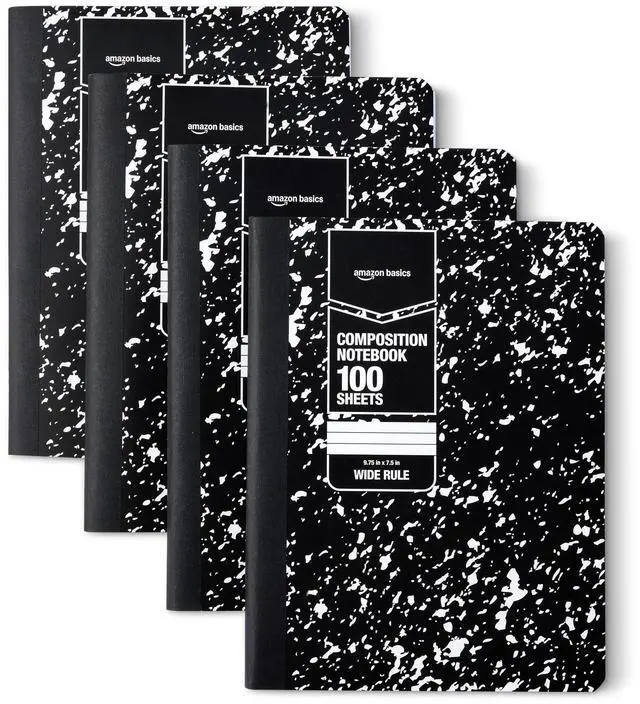 Main image of Composition Notebook, Wide Ruled, 100 Sheets, 9.75" x 7.5", Marble Black, Sturdy Cover with Conversion Charts, for School, Home, and Office Use, 4-Pack