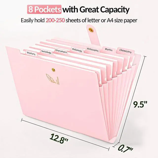 Alt view image 3 of 6 - 8 Pocket Accordion File Organizer, Pastels Expanding File Folder | Aesthetic Folder for Document with Labels, Portable Receipt Bill Paper Organizer for Office School Supplies, Letter Size Pink