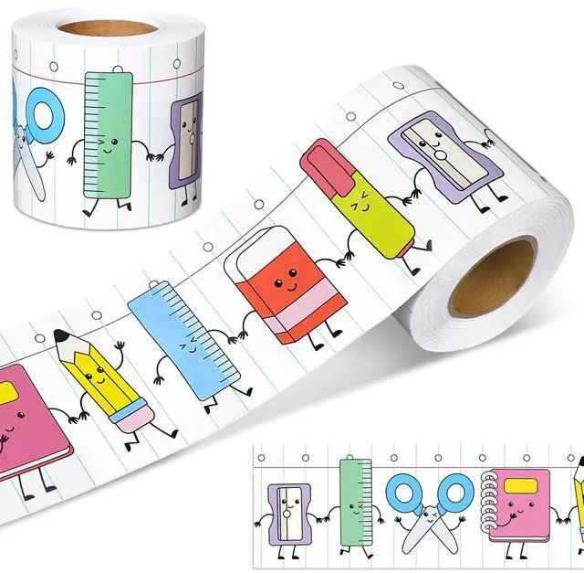 Main image of 65ft School Supplies Bulletin Board Border Cartoon Stationery Notebook Paper Straight Edge Board Trim Classroom Decorations for School Classroom Chalkboard DIY Crafts