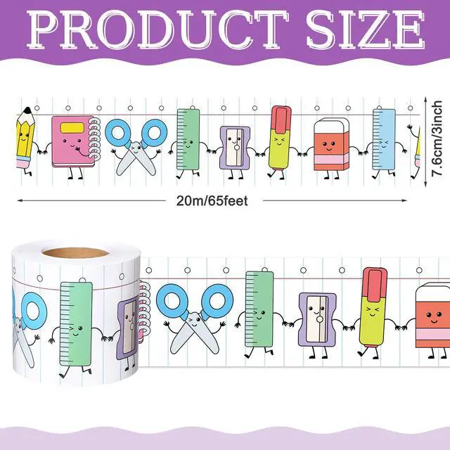 Alt view image 2 of 6 - 65ft School Supplies Bulletin Board Border Cartoon Stationery Notebook Paper Straight Edge Board Trim Classroom Decorations for School Classroom Chalkboard DIY Crafts