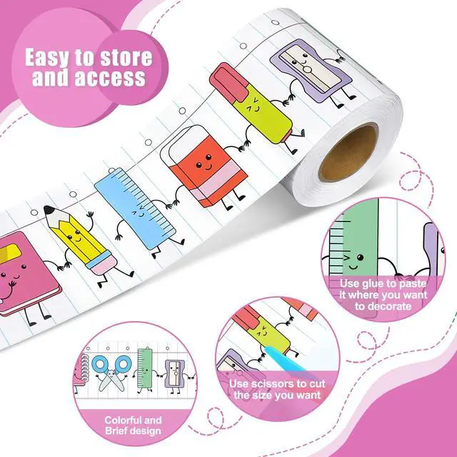 Alt view image 3 of 6 - 65ft School Supplies Bulletin Board Border Cartoon Stationery Notebook Paper Straight Edge Board Trim Classroom Decorations for School Classroom Chalkboard DIY Crafts