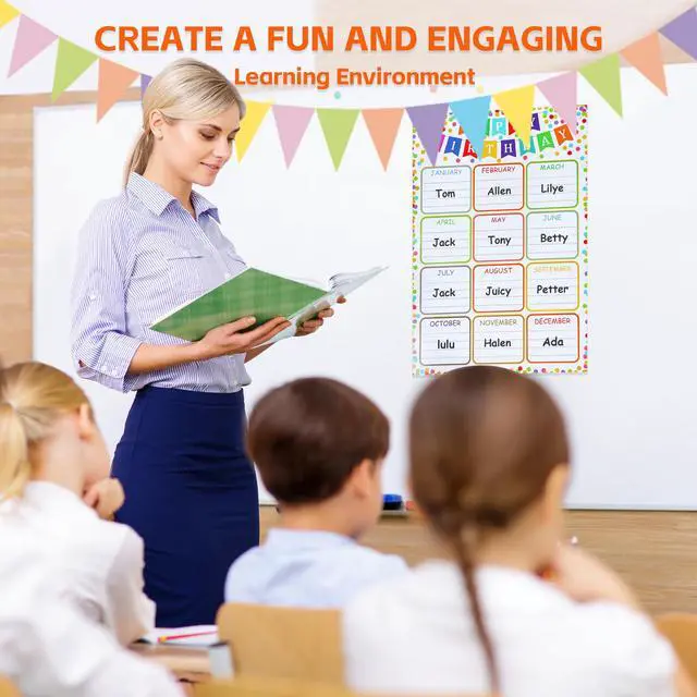 Alt view image 2 of 7 - Birthday Chart Poster for Classroom, Reusable Confetti Birthday Poster | Laminated Calendar Chart Classroom Bulletin Board Decoration, Back to School Teacher Supplies