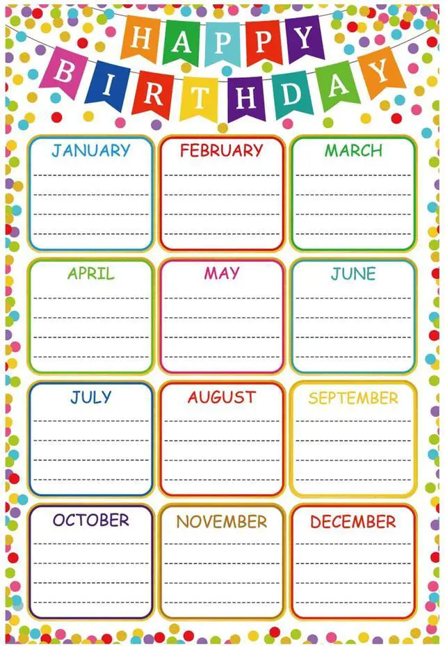 Main image of Birthday Chart Poster for Classroom, Reusable Confetti Birthday Poster | Laminated Calendar Chart Classroom Bulletin Board Decoration, Back to School Teacher Supplies