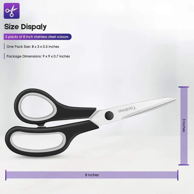 Alt view image 5 of 7 - Scissors for Office, Taotree 8"Scissors All Purpose Bulk Set of 5-Pack | School Supplies Student Teacher Classroom, Sharp Craft Shears for Office Home Sewing Fabric, Right/Left Handles, Same Size