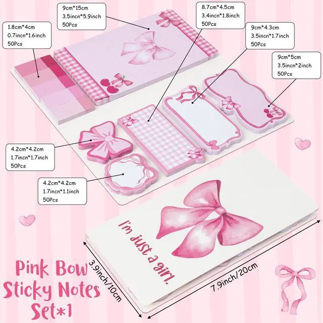 Alt view image 2 of 6 - Coquette Pink Bow Sticky Notes Set - Im Just A Girl Self-Stick Note Pads Bowknot Notepads Writing Memo Pad Page Marker Bookmarker Preppy Girly Stuff Back to School Office Supplies Gift