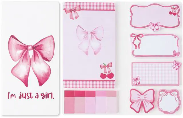 Main image of Coquette Pink Bow Sticky Notes Set - Im Just A Girl Self-Stick Note Pads Bowknot Notepads Writing Memo Pad Page Marker Bookmarker Preppy Girly Stuff Back to School Office Supplies Gift