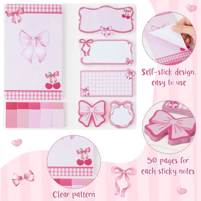 Alt view image 5 of 6 - Coquette Pink Bow Sticky Notes Set - Im Just A Girl Self-Stick Note Pads Bowknot Notepads Writing Memo Pad Page Marker Bookmarker Preppy Girly Stuff Back to School Office Supplies Gift