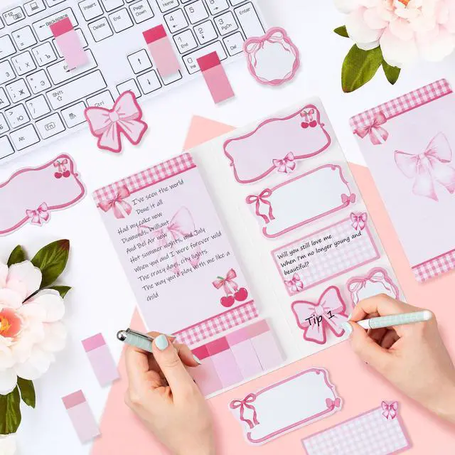 Alt view image 3 of 6 - Coquette Pink Bow Sticky Notes Set - Im Just A Girl Self-Stick Note Pads Bowknot Notepads Writing Memo Pad Page Marker Bookmarker Preppy Girly Stuff Back to School Office Supplies Gift