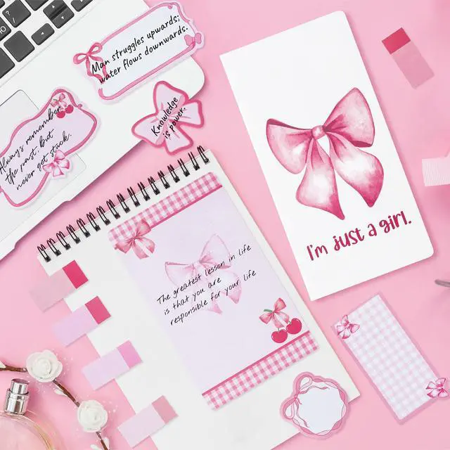 Alt view image 4 of 6 - Coquette Pink Bow Sticky Notes Set - Im Just A Girl Self-Stick Note Pads Bowknot Notepads Writing Memo Pad Page Marker Bookmarker Preppy Girly Stuff Back to School Office Supplies Gift