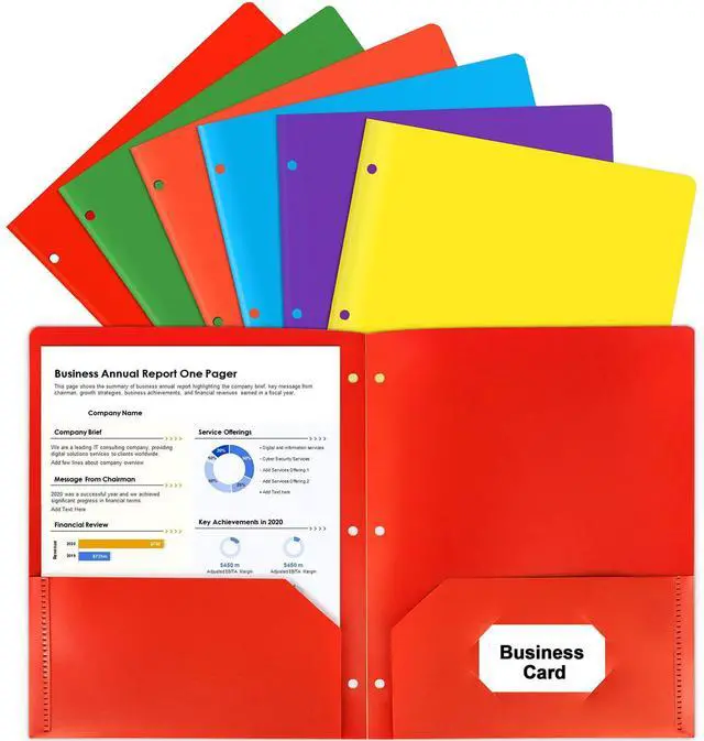 Main image of 6 Pack Colored Folders with Pockets 3 Hole Punched, Plastic, Binder Folders | Heavy Duty 2 Pocket, with Business Card Holder, Office Blinder Folder, for Documents, Filing Cabinet, Report, School