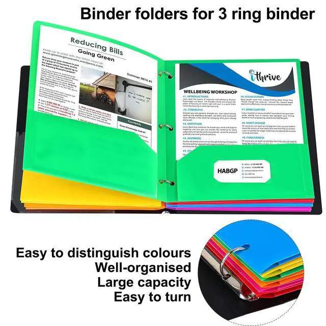 Alt view image 4 of 7 - 6 Pack Colored Folders with Pockets 3 Hole Punched, Plastic, Binder Folders | Heavy Duty 2 Pocket, with Business Card Holder, Office Blinder Folder, for Documents, Filing Cabinet, Report, School