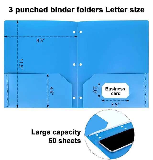 Alt view image 2 of 7 - 6 Pack Colored Folders with Pockets 3 Hole Punched, Plastic, Binder Folders | Heavy Duty 2 Pocket, with Business Card Holder, Office Blinder Folder, for Documents, Filing Cabinet, Report, School