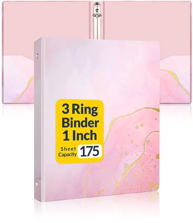 Main image of 1 Inch 3 Ring Binder, Pink Binder, Cute Binder with 2 Pockets, Heavy Duty Letter Size Organizer for School and Office Supplies (8.5 x 11 Inches), Pink Marble Design