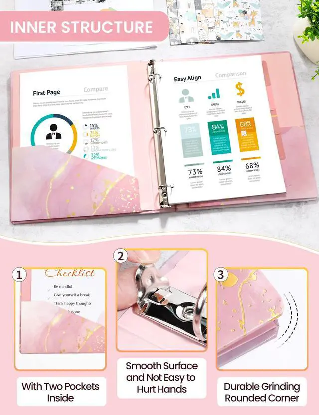Alt view image 4 of 7 - 1 Inch 3 Ring Binder, Pink Binder, Cute Binder with 2 Pockets, Heavy Duty Letter Size Organizer for School and Office Supplies (8.5 x 11 Inches), Pink Marble Design