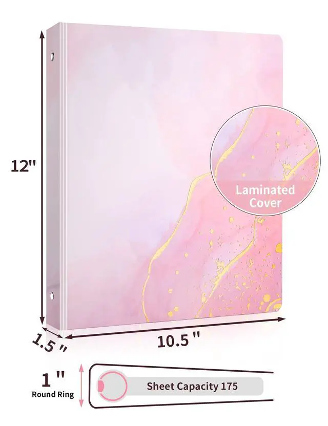 Alt view image 2 of 7 - 1 Inch 3 Ring Binder, Pink Binder, Cute Binder with 2 Pockets, Heavy Duty Letter Size Organizer for School and Office Supplies (8.5 x 11 Inches), Pink Marble Design