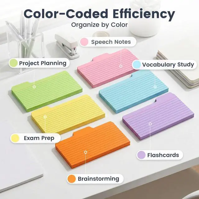 Alt view image 2 of 7 - 252PCS Index Cards 3x5, Colored Flash Card Dividers with Tabs | 150gsm Paper, 6 Colors, Notecards Memo Scratch Pad for Studying, Recipe Notes, To-Do Lists, School Supplies, Back to School