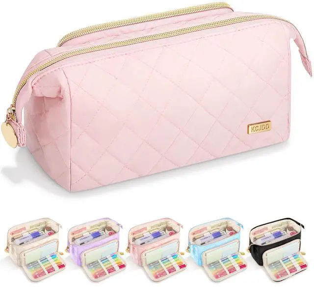 Main image of Cute Pencil Case for Girls kids Soft Quilted Pencil Pouch Bag Organizer | Wide Opening Big Marker Crayon Storage Bag Large Double Zipper Art Aesthetic Pen Bag Case Pouch For Kids School College Boys