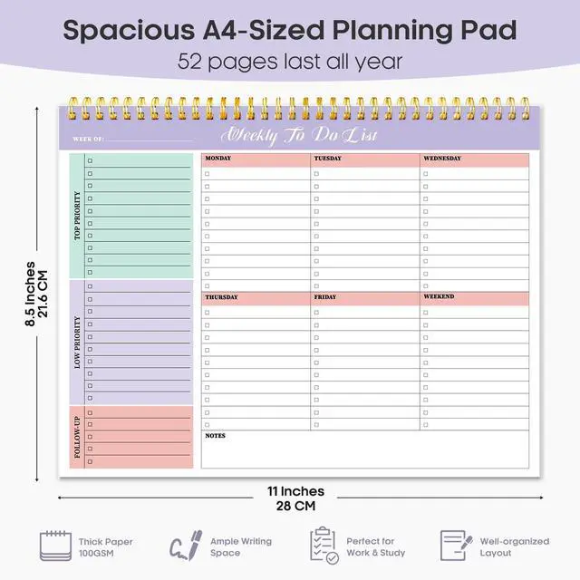 Alt view image 3 of 7 - Weekly To Do List Notepad, Undated Weekly Planner Pad, 8.5" x 11" | Large Desk Planner, Weekly Task Planning, College School Supplies, for Home and Office, 52 Sheets, Violet Dream