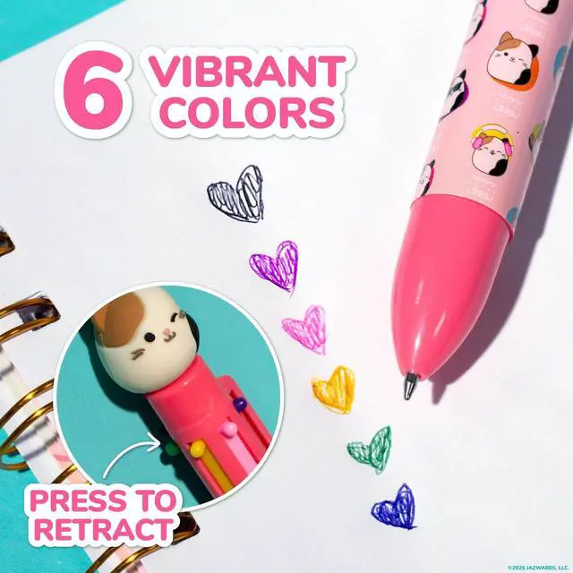Alt view image 3 of 7 - Original Squishmallows Multicolor Pen, Novelty Pen With 6 Inks and Cam the Cat Topper, Cool School Supplies, Cute Pens and Stationery, Gifts for Girls, Back to School Stuff